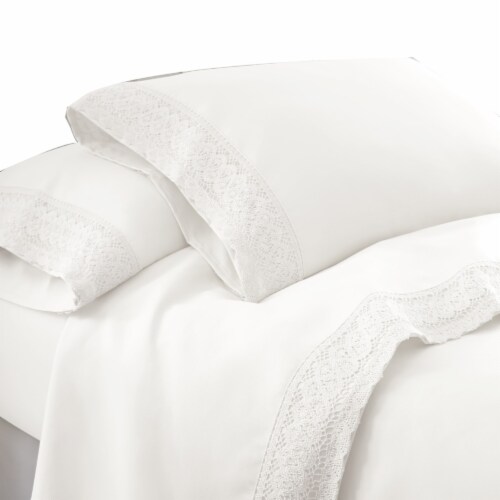 Udine 4 Piece Queen Size Microfiber Sheet Set with Crochet Lace The Urban Port, White Perspective: front