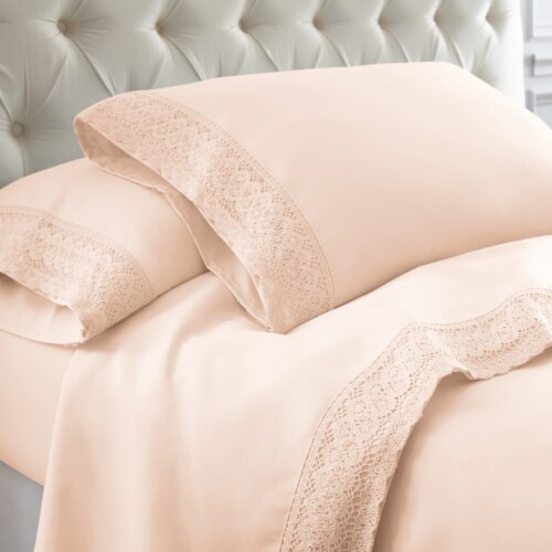Udine 4 Piece California King Size Sheet Set with Crochet Lace The Urban Port, Pink Perspective: front