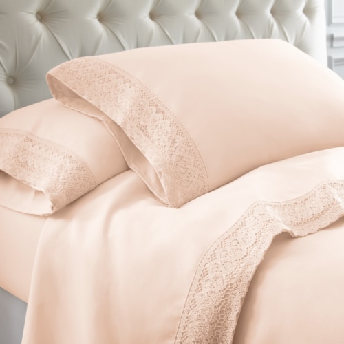 Udine 4 Piece King Size Microfiber Sheet Set with Crochet Lace The Urban Port, Pink Perspective: front