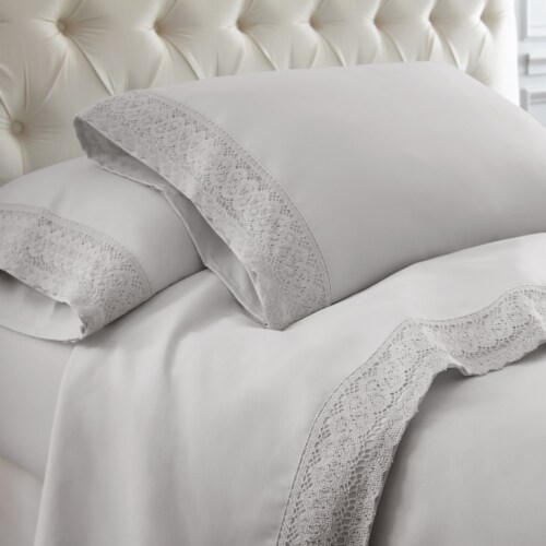 Udine 4 Piece California King Size Sheet Set with Crochet Lace The Urban Port, Gray Perspective: front