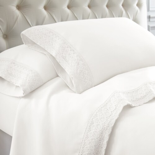 Udine 4 Piece California King Size Sheet Set with Crochet Lace The Urban Port, White Perspective: front
