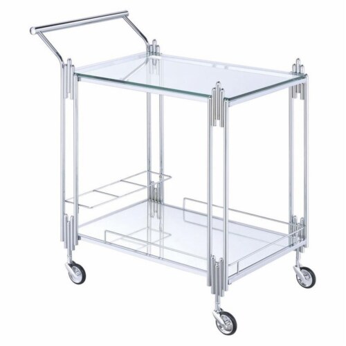 Benjara 28  Rectangular Transitional Metal and Wood Serving Cart in Silver Perspective: front