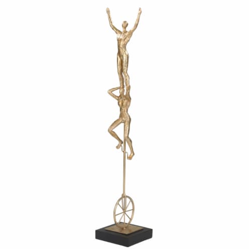 Polyresin Acrobat Duo Statuette with Unicycle and Block Base, Gold