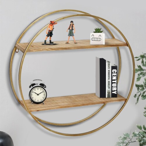 Wood and Metal Wall Shelf with 2 Open Shelves, Brown and Gold- Saltoro Sherpi Perspective: front