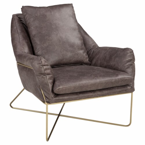 Metal and Faux Leather Accent Chair with X Style Exposed Base, Gray and Gold Perspective: front