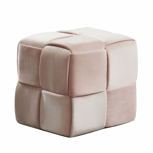 Benzara Velvet Upholstered Ottoman with Interlaced Design - Pink Perspective: front