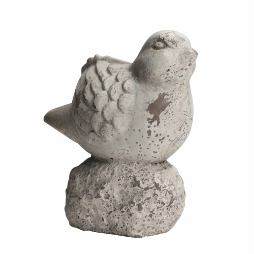 Benjara BM208199 Small Cement Bird Figurine Sitting on a Hollow Rock - Distressed Gray Perspective: front