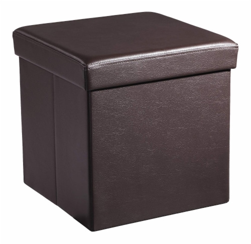 Benzara Square Leatherette Foldable Storage Ottoman with Padded Seat - Brown Perspective: front
