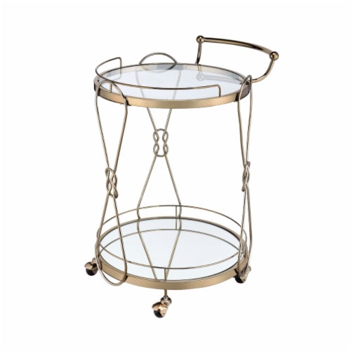 Serving Cart with 2 Glass Shelves and Caster Support, Gold and Clear- Saltoro Sherpi Perspective: front