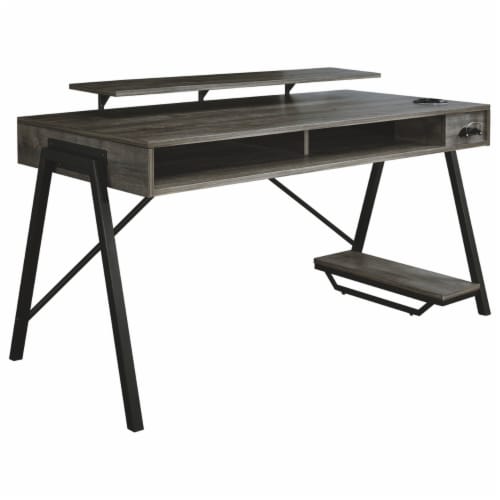 Led Back Light Wooden Gaming Desk With Can Cooler And Usb Port, Taupe Gray Perspective: front