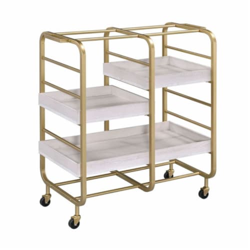Metal Frame Serving Cart with Adjustable Compartments,Gold and Washed White- Saltoro Sherpi Perspective: front