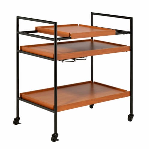 Metal Frame Serving Cart with Adjustable Compartments, Oak Brown and Black- Saltoro Sherpi Perspective: front