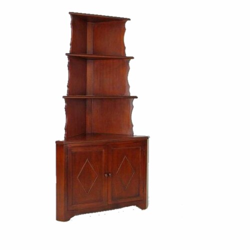 Wooden Corner Bookcase with 3 Shelves and 1 Cabinet, Brown Perspective: front