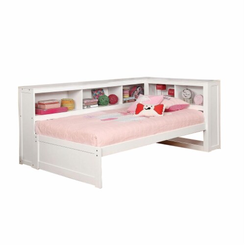 Wooden Twin Size Daybed with Bookcase Headboard, White Perspective: front