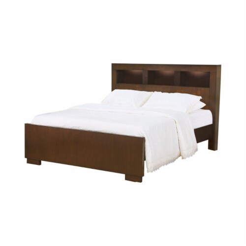 3 Open Bookcase Eastern King Size Bed with Soft Light, Brown Perspective: front