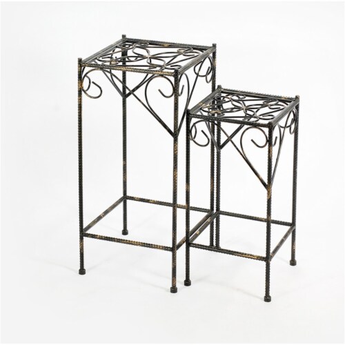 Benjara BM216726 Scrolled Metal Frame Plant Stand with Square Top, Black - Set of 2 Perspective: front