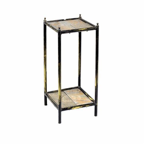 Benjara BM216732 2 Tier Square Stone Top Plant Stand with Metal Frame, Black & Gray - Small Perspective: front