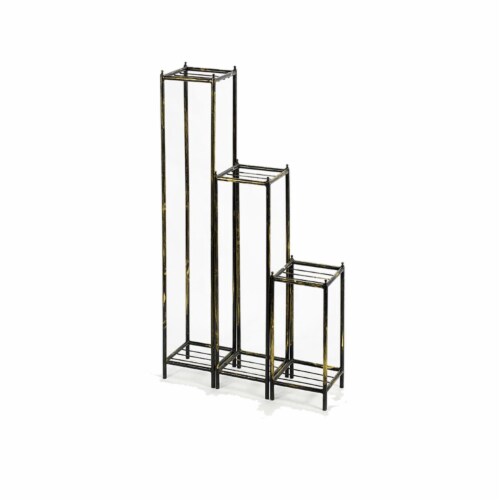 Benjara BM216735 2 Tier Square Slatted Top Plant Stand, Black & Gold - Set of 3 Perspective: front