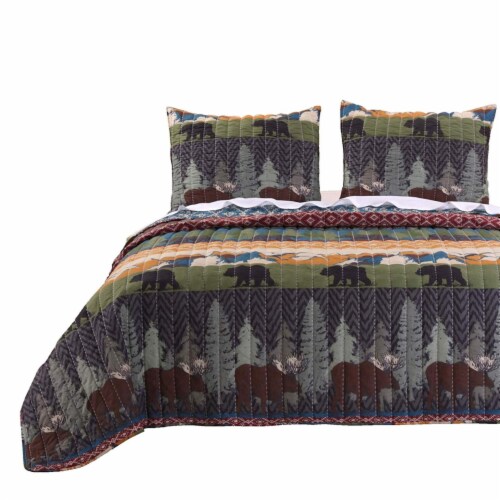 3 Piece King Size Quilt Set with Nature Inspired Print, Multicolor, 1