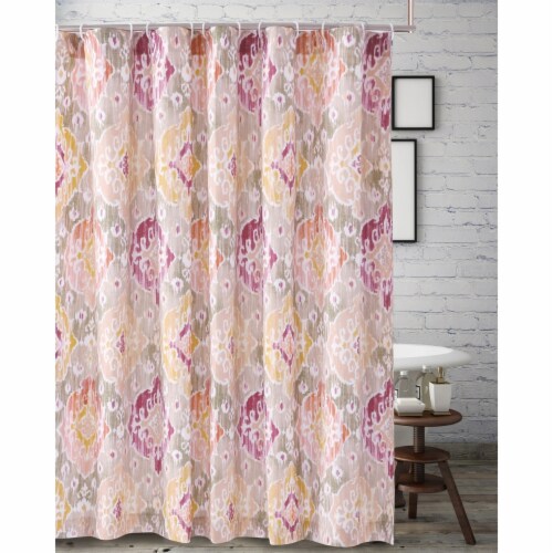 Fabric Shower Curtain with Medallion Pattern and Button Holes, Multicolor- Saltoro Sherpi Perspective: front