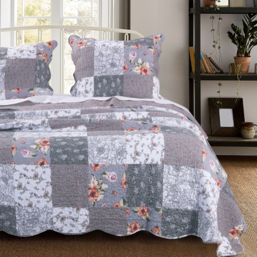 Microfiber Quilt and 1 Pillow Sham Set with Floral Prints, Multicolor Perspective: front