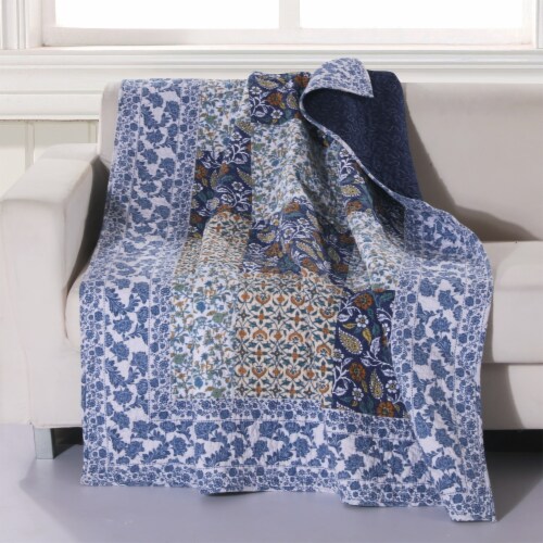 60 X 50 Inches Cotton Throw Blanket With Leaf Print Blue And White 1 Pick n Save