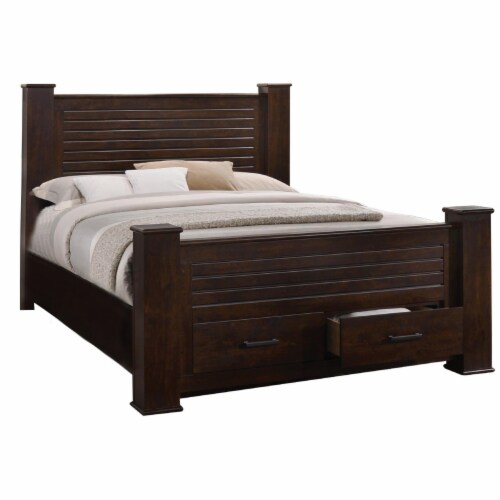 Grooved Eastern King Size Bed with Storage Footboard, Dark Brown, 1
