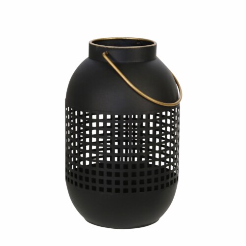 11 Inches Metal Lantern, Modern, Cage Design, Handle, Black and Gold- Saltoro Sherpi Perspective: front