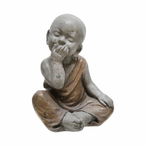 Benjara BM221082 Polyresin Baby Monk Figurine with Covered Mouth, Weathered Gray Perspective: front