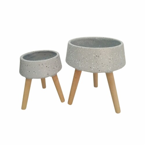 Ceramic Body Planter with Wooden Angled Legs, Set of Two, Gray and Brown- Saltoro Sherpi Perspective: front