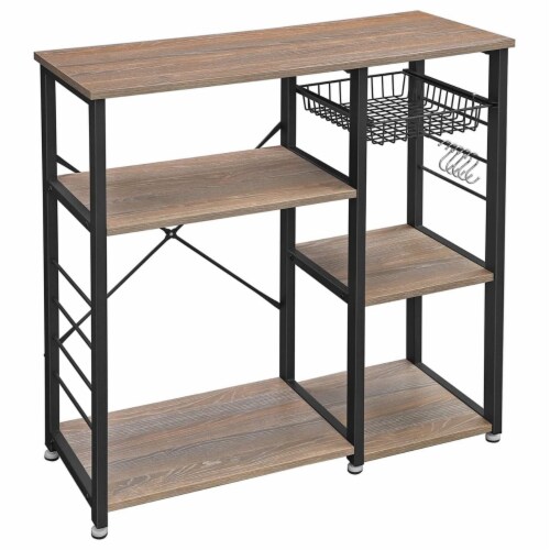 Wooden Bakers Rack with 4 Shelves and Wire Basket, Brown and Black- Saltoro Sherpi Perspective: front