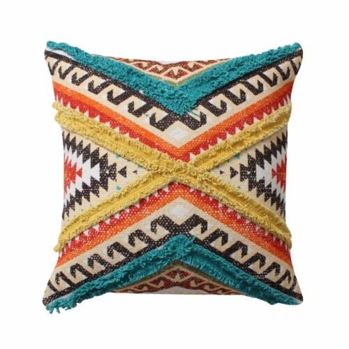 18 x 18 Handwoven Cotton Accent Pillow with Lace Embellishment, Multicolor Perspective: front
