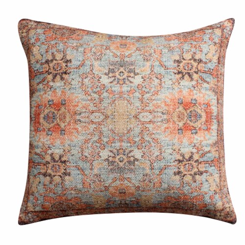 18 x 18 Handwoven Cotton Accent Pillow with Floral Print, Orange and Brown Perspective: front