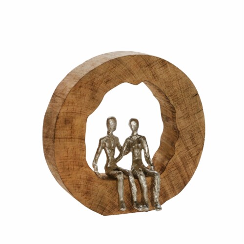 Wood Encased Aluminum Couple Figurine, Silver and Brown Saltoro Sherpi