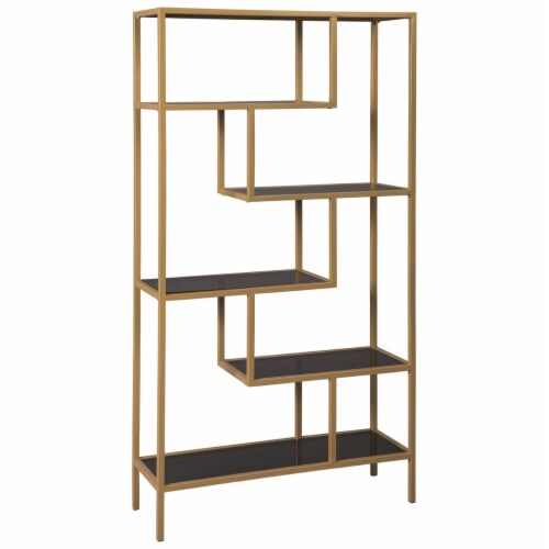 Metal Frame Bookcase with 5 Tiered Display Glass Shelves, Gold and Black Perspective: front