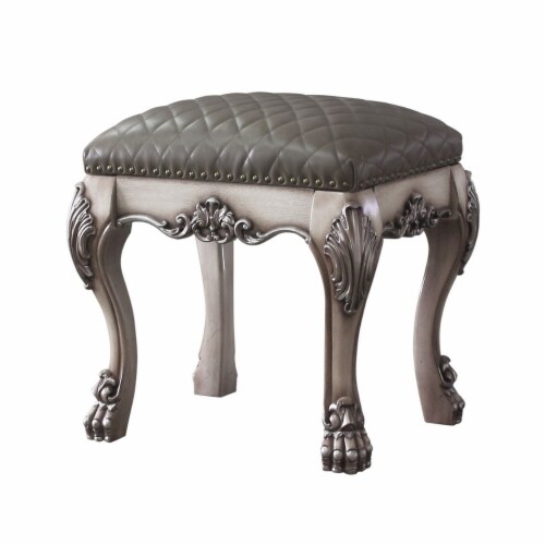 Traditional Wooden Vanity Stool with Leatherette Set and Clack Legs, Gray- Saltoro Sherpi Perspective: front