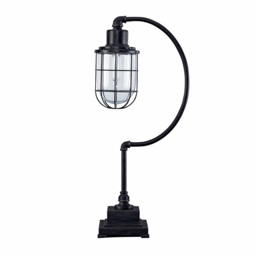 Metal Desk Lamp with Block Base and Glass Shade, Black- Saltoro Sherpi Perspective: front