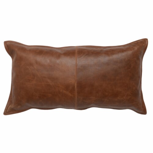 Leatherette Throw Pillow with Stitched Details and Flanged Edges, Brown Perspective: front