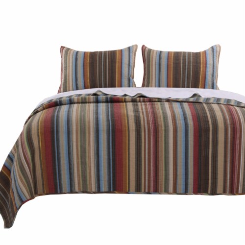 Phoenix Fabric 3 Piece Queen Size Quilt Set with Striped Prints, Multicolor Perspective: front