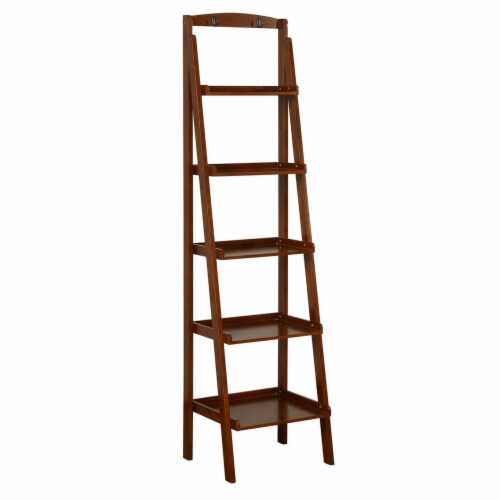 72 Inches 5 Tier Wooden Ladder Bookcase with 2 Hooks Brown 1