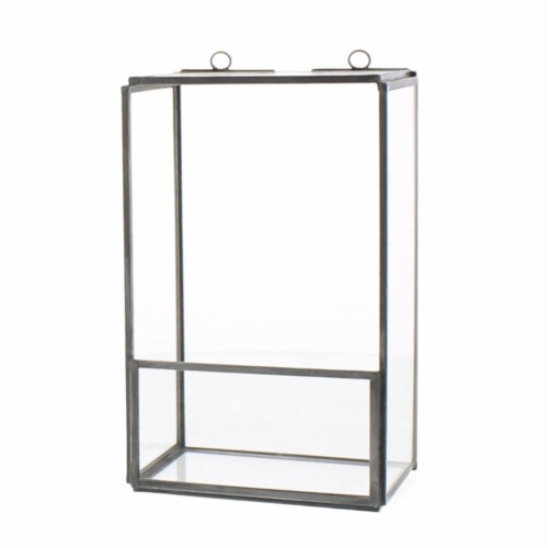 Metal and Glass Box Shelf, Small, Gray and Clear- Saltoro Sherpi Perspective: front