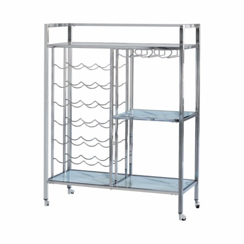 Metal Serving Cart with Wine and Stemware Rack, Silver Saltoro Sherpi