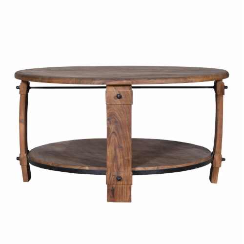 38 Inch Retro Style Round Wooden Coffee Table with Bottom Shelf in