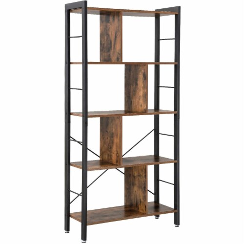 4 Tier Wood and Metal Bookcase with Crossbars, Brown and Black Perspective: front