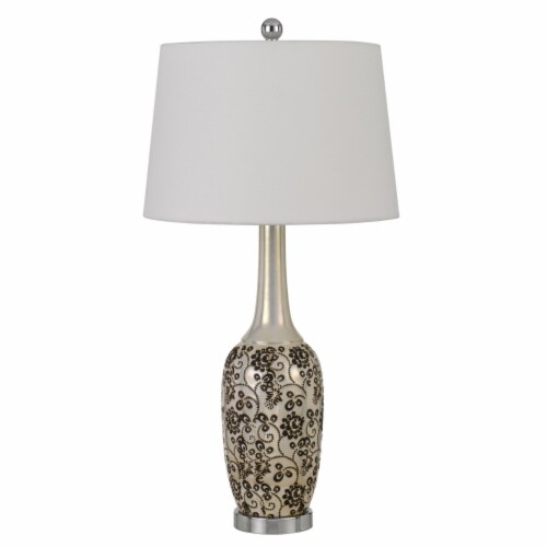 150 Watt Leaf Engraved Ceramic Base Table Lamp, Silver and Black- Saltoro Sherpi Perspective: front