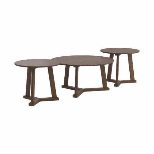 3 Piece Round Wooden Coffee Table and End Table with Tripod Base, Brown