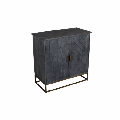 Plank Design 2 Door Mango Wood Storage Cabinet with Metal Base in Gray Perspective: front