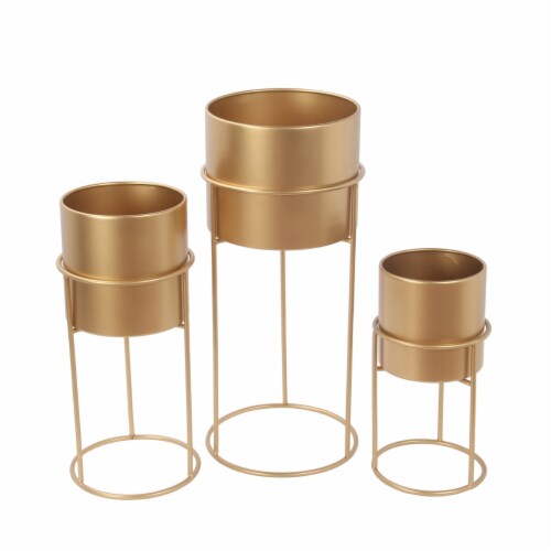 3 Piece Round Metal Planter with Tubular Base, Gold- Saltoro Sherpi Perspective: front