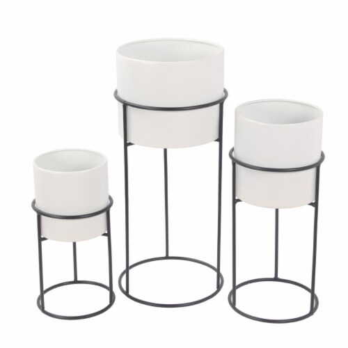 3 Piece Round Metal Planter with Tubular Base, White and Black- Saltoro Sherpi Perspective: front