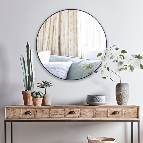 Round Shape Sleek Metal Frame Mirror, Black Perspective: front